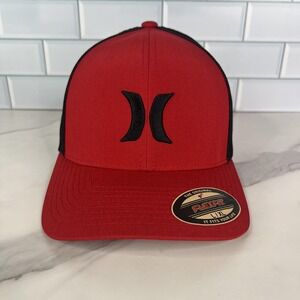 Hurley Hat Cap Fitted Mens Large XL Flexfit Mesh Trucker Skate Surf Red Black